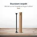Zwarte, uitschuifbare gordijnroede met een duurzame kartonnen verpakking.