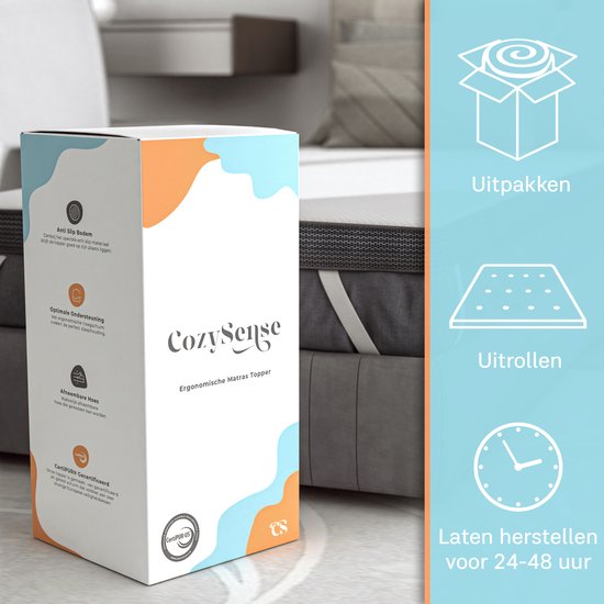 Emballage du surmatelas CozySense avec des icônes pour déballer, dérouler et laisser récupérer.