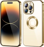 Hoesje Geschikt voor iPhone 14 Pro – Met Magnetisch Ring Magesafe compatibel backcover – Lens beschermer – Transparant / Goud
