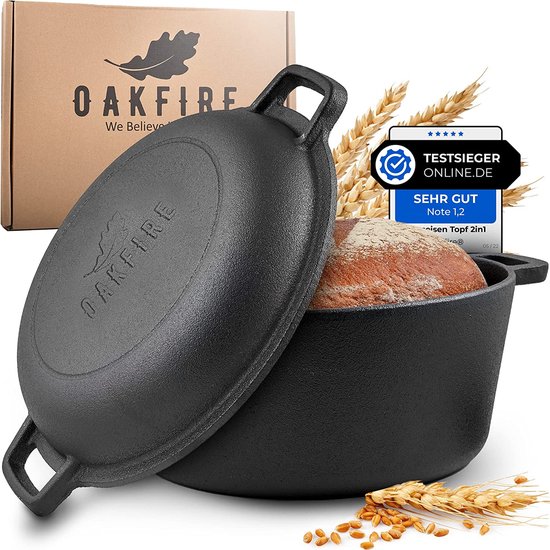 Oakfire Gietijzeren pan 2-in-1 met pan, Ø 26 cm 4,6 l, Dutch Oven, braadpan,  stoofpan,... | bol.com