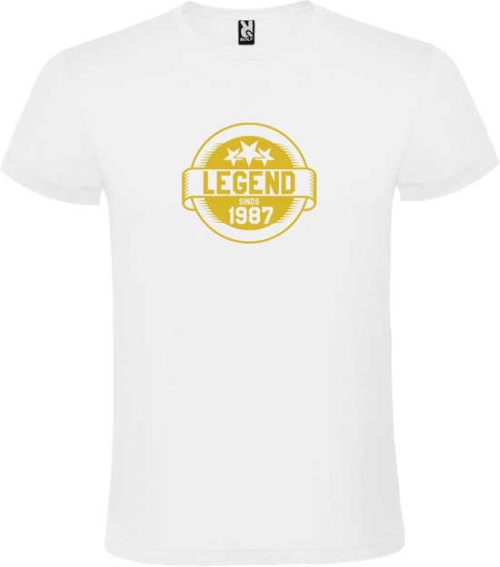 Wit T-Shirt met “Legend sinds 1987 “ Afbeelding Goud Size S