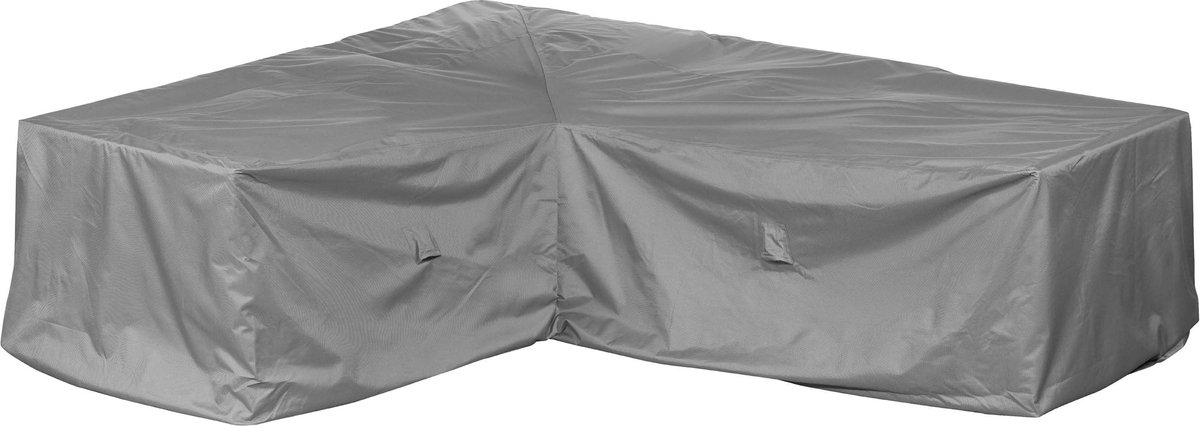 Beschermhoes voor loungeset L-vorm asymmetrisch | 175 x 237 x 80 cm | lange zijde gezien van rechts in zittend perspectief | polyesterweefsel van het type Oxford 600D, kleur: grijs.