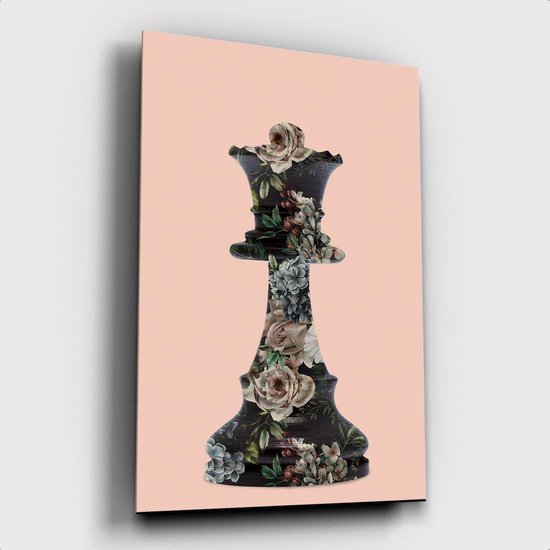 Canvasprint van een koningin schaakstuk met een donker bloemenpatroon.
