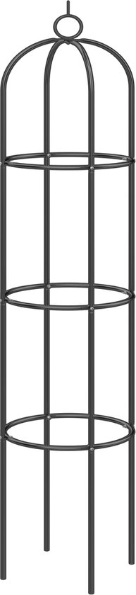 Zwarte metalen plantenstandaard van 200 cm hoog met een klassiek ontwerp, ondersteund door vier poten.