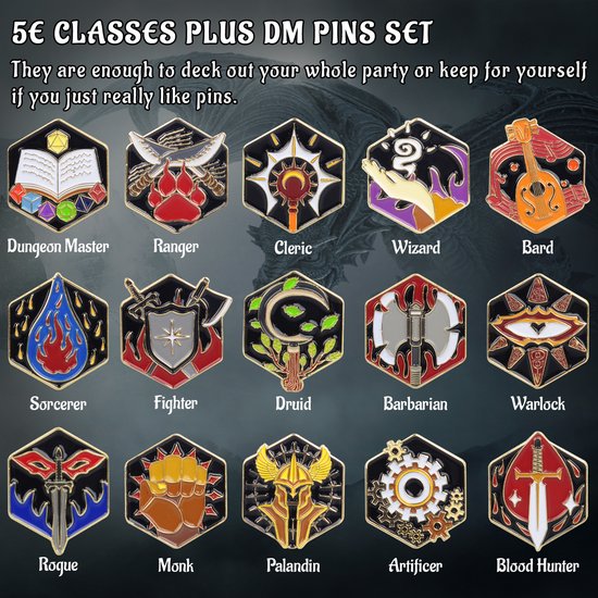 Afbeelding van het spel D&D Character Class + DM Pins set, 15 stuks, Tabletop RPG Badges, Collection for Dungeons and Dragons, Dungeon Master and D&D Player