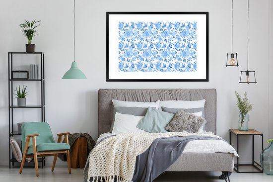 Poster in lijst - Fotolijst 120x80 cm - Posters - Bloemen - Patroon - Blauw - Posterlijst zwart - Decoratie - Wanddecoratie woonkamer - Muurdecoratie slaapkamer