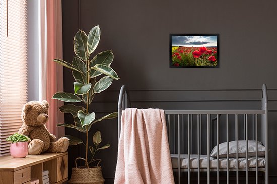 Affiche avec cadre Coquelicot - Coquelicots dramatique ciel d'orage cadre photo noir - cadre photo noir - 30x20 cm - Affiche avec cadre