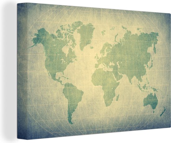 Canvas Schilderij Wereldkaart - Groen - Wereldbol - Aarde - Schilderijen op canvas - 90x60 - Muurdecoratie