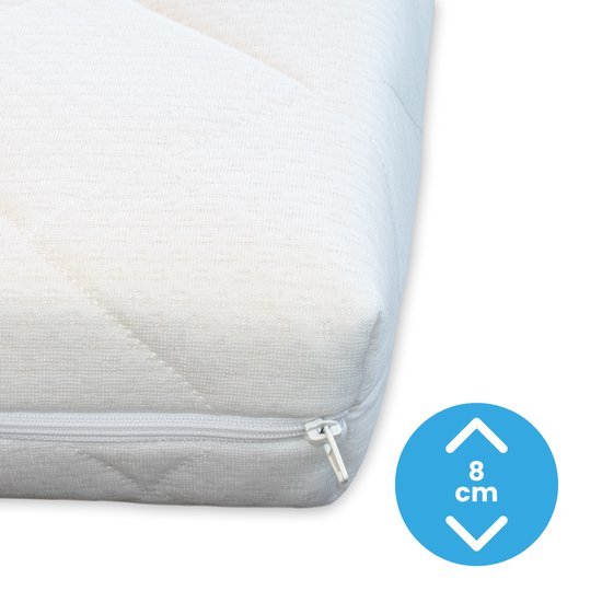 Wiegmatras met rits en een rond detail dat de dikte van 8 cm aangeeft.