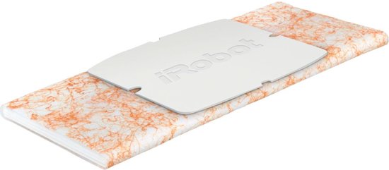 Een iRobot vochtige reinigingspad met oranje marmerpatroon en een witte houder met 'iRobot' logo.