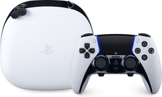 Witte en zwarte DualSense Edge controller naast een witte opbergcase met PlayStation logo.