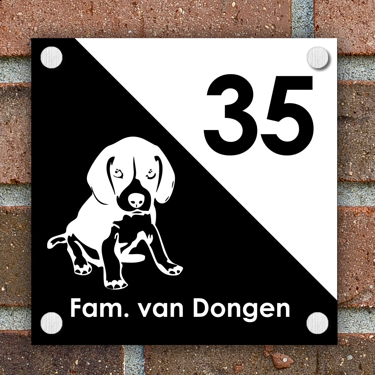 Naambordje voordeur Huis - Bord - Naam en Huisnummer - 15 x 15 cm - Dibond - Hond - Incl. Bevestigingsset + RVS afstandhouders