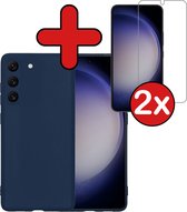 Hoesje Geschikt voor Samsung S23 Hoesje Siliconen Case Hoes Met 2x Screenprotector - Hoes Geschikt voor Samsung Galaxy S23 Hoes Cover Case - Donkerblauw