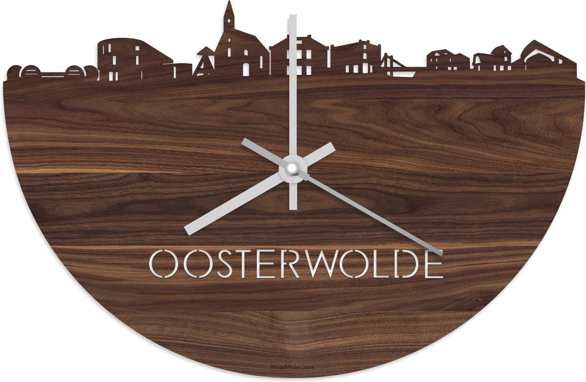 Skyline Klok Oosterwolde Notenhout - Ø 40 cm - Stil uurwerk - Wanddecoratie - Meer steden beschikbaar - Woonkamer idee - Woondecoratie - City Art - Steden kunst - Cadeau voor hem - Cadeau voor haar - Jubileum - Trouwerij - Housewarming -