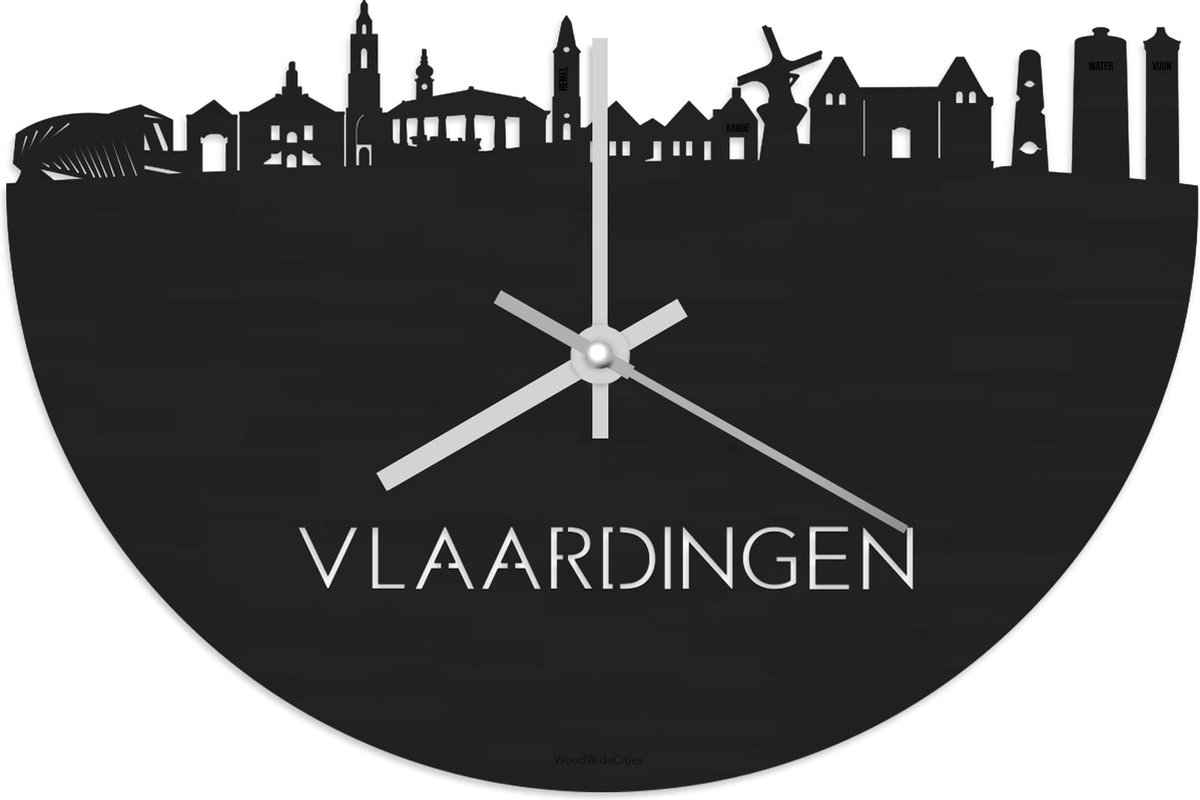 Skyline Klok Vlaardingen Zwart hout - Ø 40 cm - Stil uurwerk - Wanddecoratie - Meer steden beschikbaar - Woonkamer idee - Woondecoratie - City Art - Steden kunst - Cadeau voor hem - Cadeau voor haar - Jubileum - Trouwerij - Housewarming -