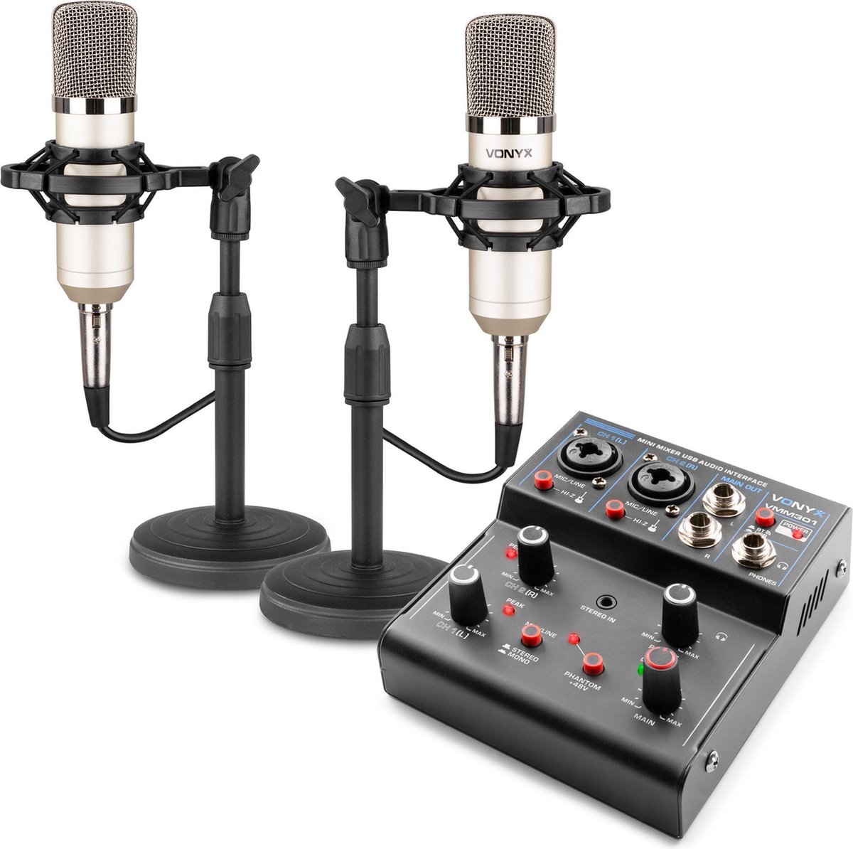 Podcast set - Vonyx VMM301 podcast starterset met podcast microfoons en USB mixer voor podcast studio