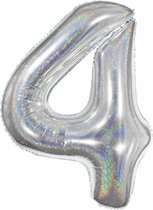 Folie Ballon Cijfer 4 Jaar Zilver Glitter Verjaardag Versiering Helium Ballonnen Feest Versiering Met Rietje - 86Cm