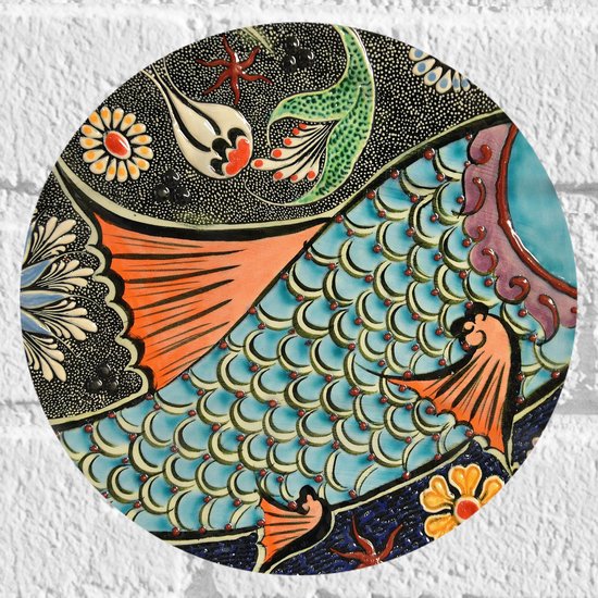 WallClassics - Muursticker Cercle - Mosaïque de Différentes Couleurs en Forme de Poisson - 20x20 cm Photo sur Muursticker