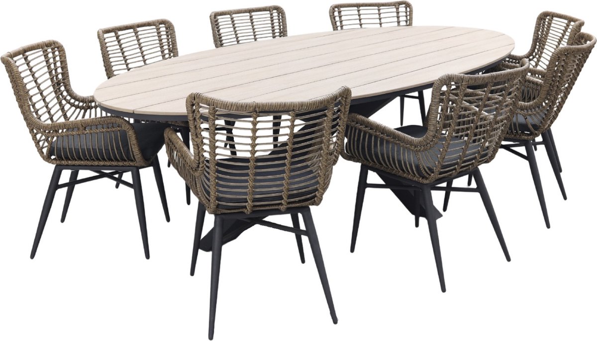 Jasmine Naturel/GI Edison 8-persoons ovale dining tuinset 280x140 cm.