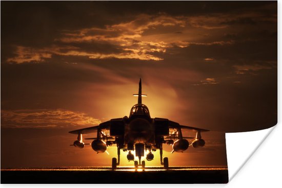 Poster Een silhouet van een straaljager tijdens een zonsondergang - 90x60 cm