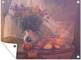 Muurdecoratie buiten Stilleven - Schilderij - Vaas met bloemen - Fruit - Appel - Kunst - 160x120 cm - Tuindoek - Buitenposter