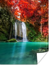 Poster Waterval - boom - Rood - Herfst - Water - 30x40 cm