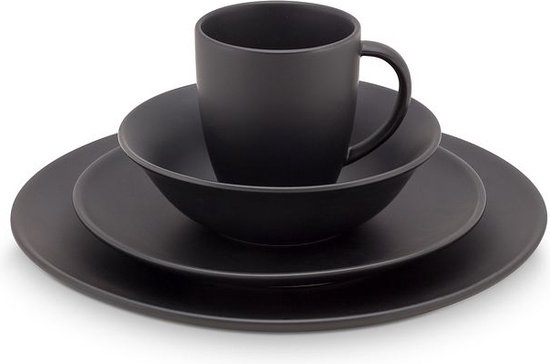 VTwonen - Service de vaisselle - Noir mat - Porcelaine - 16 pièces | bol