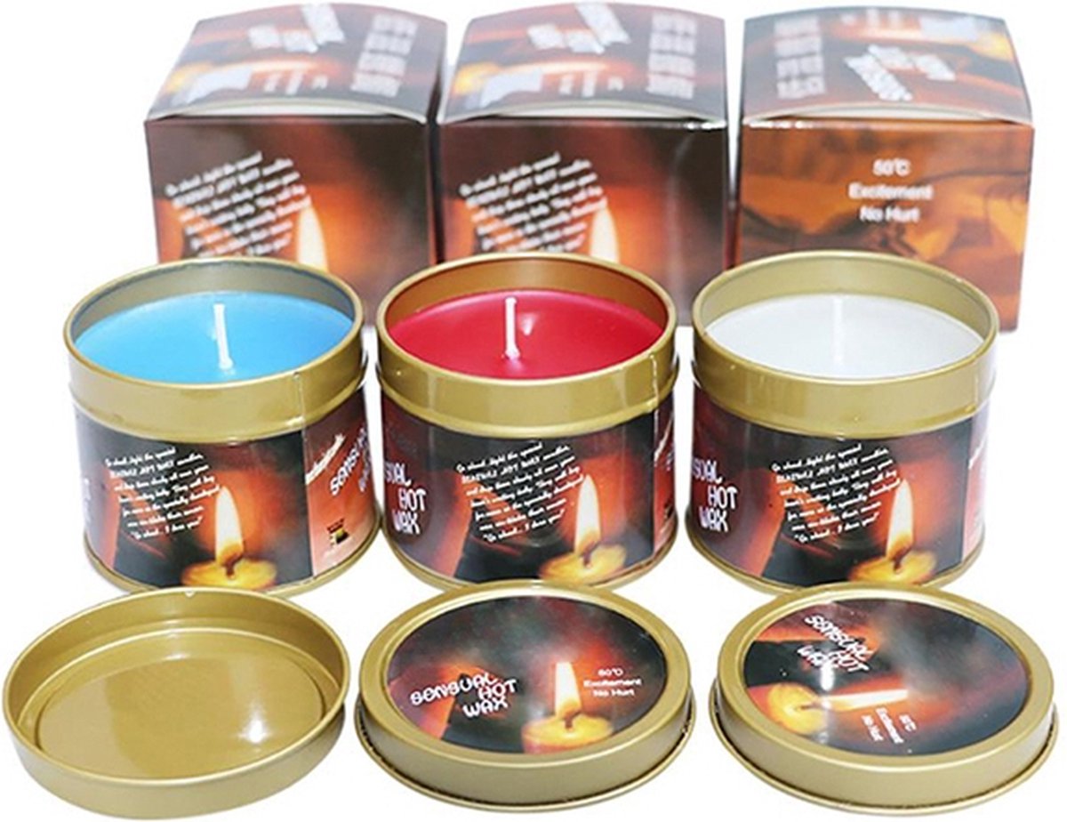 Goedkoopste Hot Wax Massagekaarsen - Set van 3 Stuks in Blik - Rood, Wit, Blauw - Erotische Massage