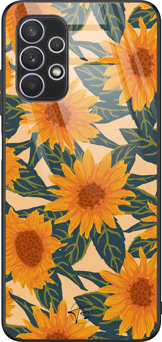 Hoesje geschikt voor Samsung Galaxy A32 4G - Zonnebloemen - Hard Case Zwart - Bloemen - Oranje - Mooie Telefoonhoesjes