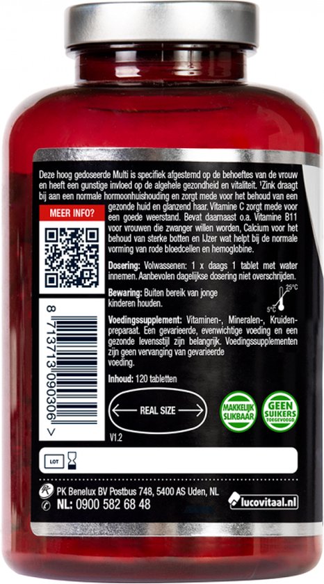 Achterkant van een rode pot met 120 tabletten. Bevat informatie over het product en ingrediënten. 'REAL SIZE' is aangegeven.