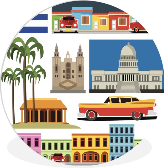 Un collage sur l'île de Cuba en illustration Assiette en plastique cercle mural ⌀ 150 cm XXL / Groot format!