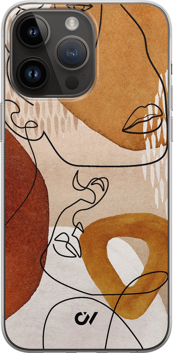 iPhone 14 Pro Max hoesje siliconen - Abstract Shape Faces - Geometrisch patroon - Bruin - Apple Soft Case Telefoonhoesje - TPU Back Cover - Casevibes