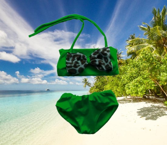 Maat 56 Bikini zwemkleding Groen met panterprint  strik badkleding baby en kind fel groen zwem kleding - Merkloos