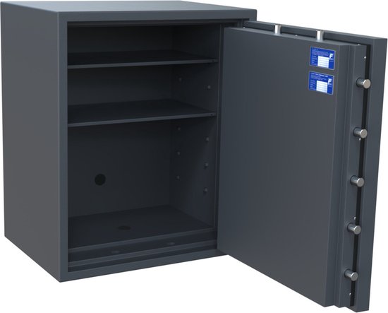 Grijze kluis met open deur, twee legplanken en een blanco interieur.