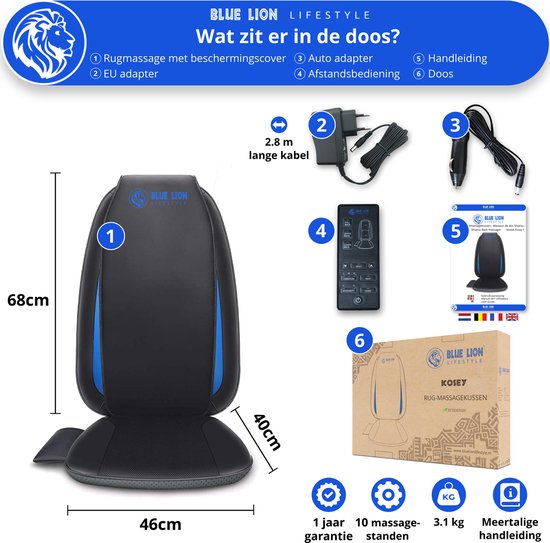 Blue Lion Rug Massagekussen - Massage apparaat - Shiatsu massagestoel - Elektrisch - warmtetherapie