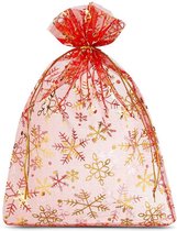 Sacs de Noël Organza - 26 x 35 cm - 5 pcs - Rouge avec des flocons de neige dorés - Emballage de Noël Décoration de Noël Décorations de Noël de Noël