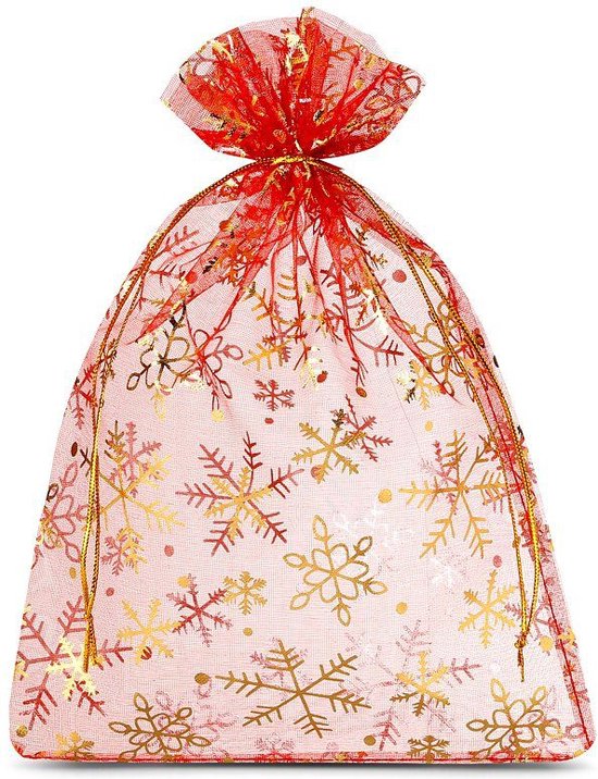 Kerst zakjes Organza 26 x 35 cm 5 stuk Rood met Gouden