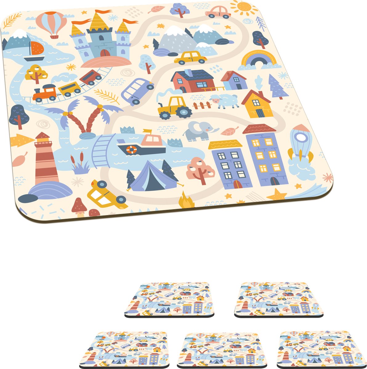 Onderzetters voor glazen - Kinderen - Auto - Kasteel - Wegen - 10x10 cm - Glasonderzetters - 6 stuks