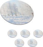 Onderzetters voor glazen - Rond - Sneeuw - Bomen - Winter - 10x10 cm - Glasonderzetters - 6 stuks