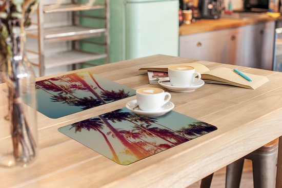 Set de Table - Napperons en Plastique - Palmier - Été - Rétro - Soleil - 45x30 cm - 6 pièces - Résistant à la Chaleur - Antidérapant - Pad - Amovible