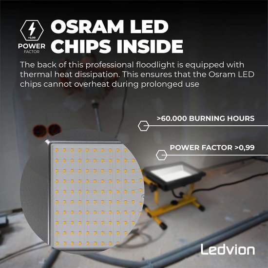 Ledvion - LED Bouwlamp - IP65 - 50W - 120lm/W - 6000L - Incl. 1 -5M Aansluit