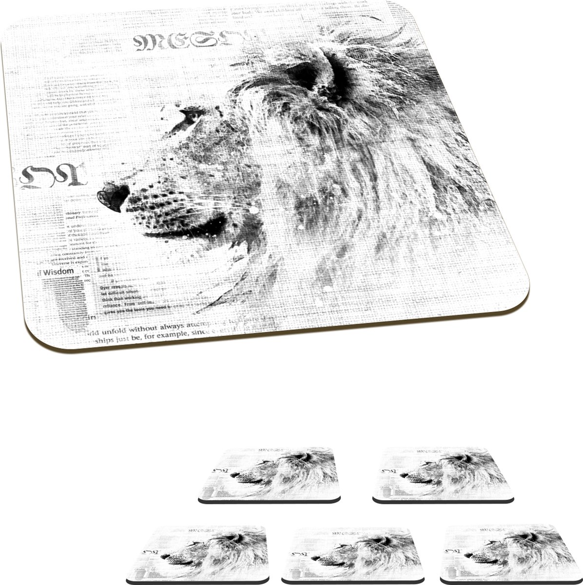 Onderzetters voor glazen - Leeuw - Krant - Zwart - Wit - 10x10 cm - Glasonderzetters - 6 stuks