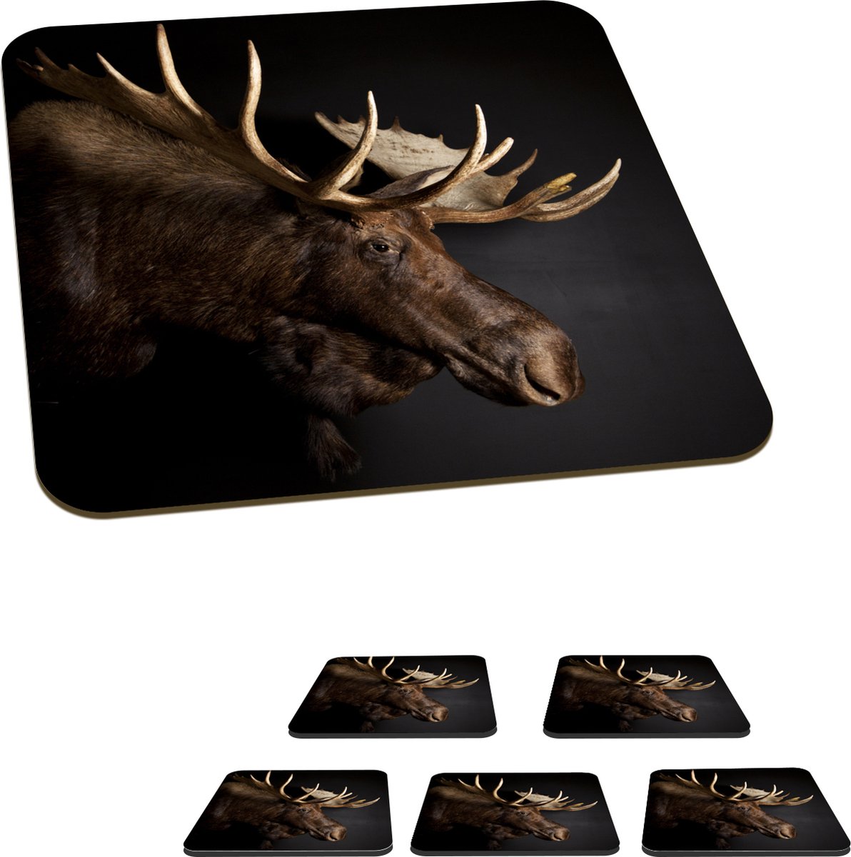 Onderzetters voor glazen - Eland - Bruin - Gewei - 10x10 cm - Glasonderzetters - 6 stuks