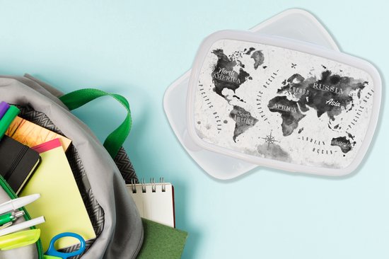 Broodtrommel Wit - Lunchbox - Brooddoos - Wereldkaart - Waterverf - Zwart - Wit - 18x12x6 cm - Volwassenen