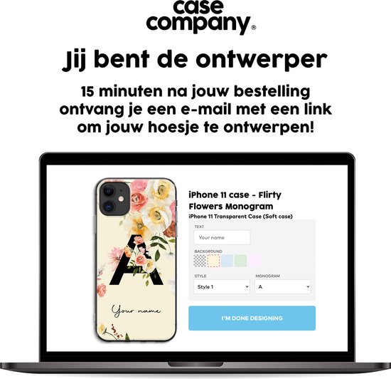 Laptop met een website die een lichtgeel telefoonhoesje toont met initiaal 'A', bloemen en de tekst 'Your name'.