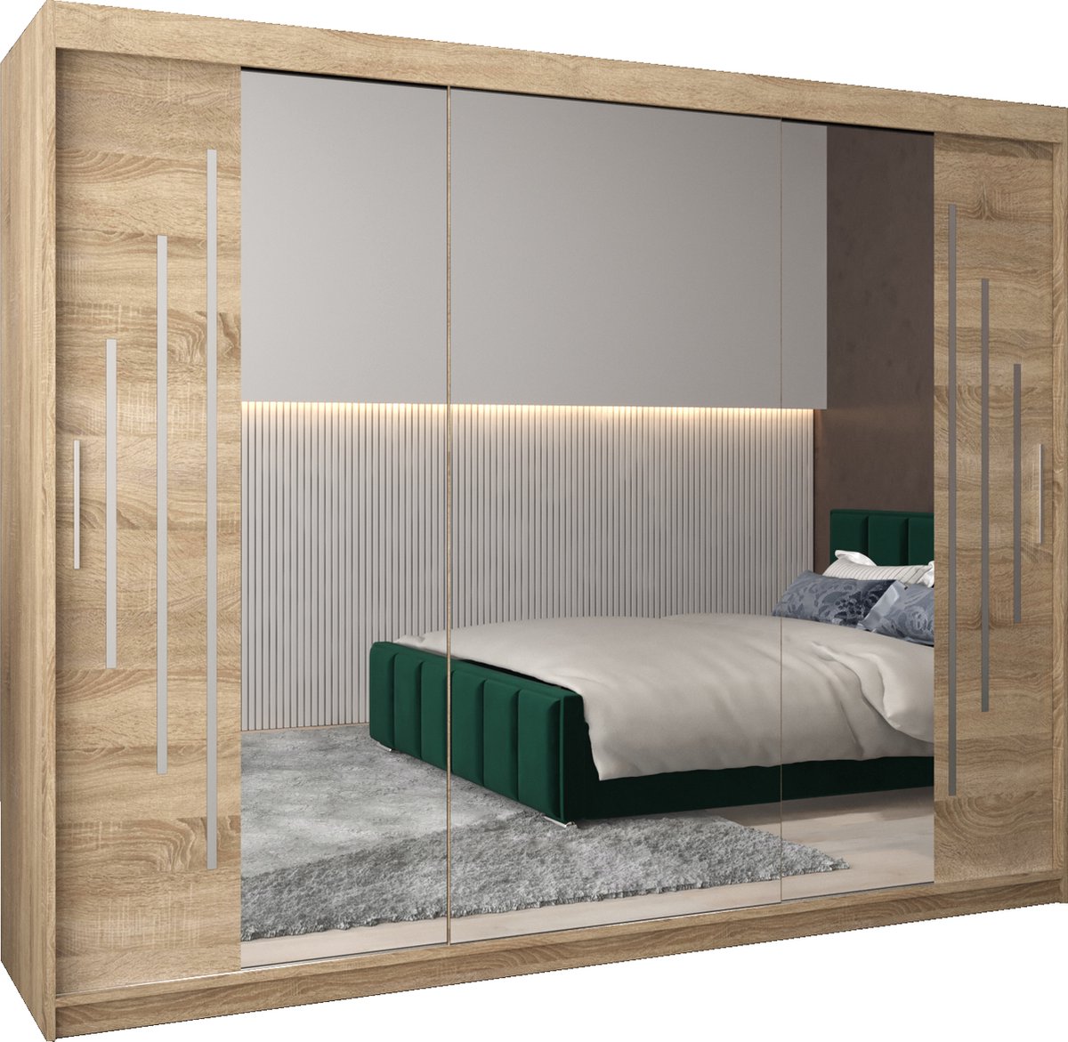 InspireME Kledingkast met 3 schuifdeuren, Modern-stijl, Een kledingkast met planken en een spiegel (BxHxD): 250x200x62 - MALTESE II 250 Sonoma Eik met 4 lades