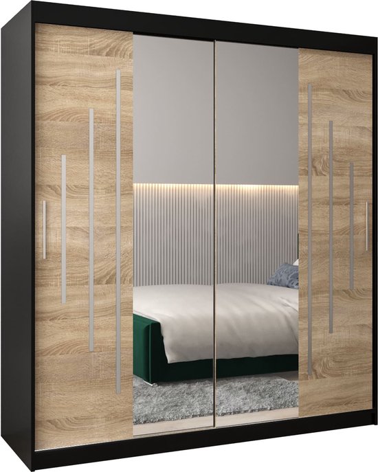 InspireMe - Kledingkast met 2 schuifdeuren, Modern-stijl, Een kledingkast met planken en een spiegel (BxHxD): 180x200x62 - MALTESE I 180 Zwart Mat + Sonoma Eik met 4 lades