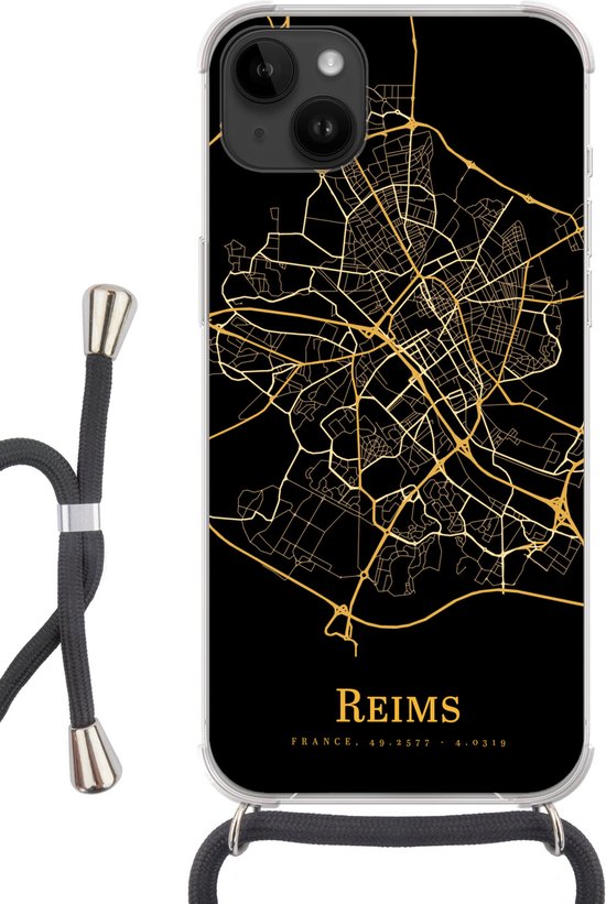 Cordon téléphonique - Chaîne téléphonique - Convient pour Apple iPhone 14 Plus - Étui à bandoulière - Reims - Carte - Or - Siliconen - Bandoulière - Étui pour téléphone avec cordon