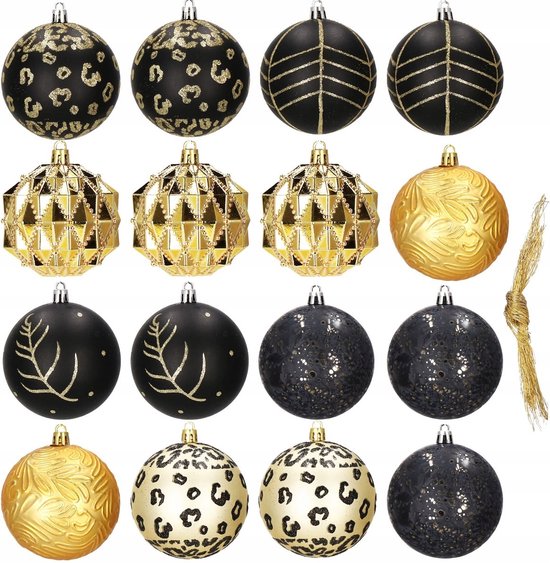 Set van 16 kerstballen in diverse patronen: luipaardprint, glitter, blad en geometrisch, in goud en zwart.