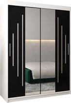 InspireMe - Kledingkast met 2 schuifdeuren, Modern-stijl, Een kledingkast met planken en een spiegel (BxHxD): 150x200x62 - MALTESE I 150 Wit Mat + Zwart
